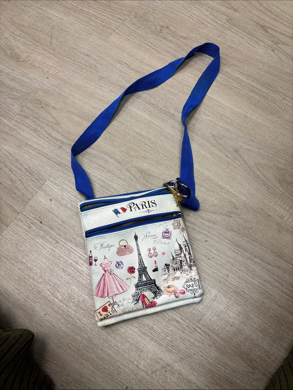 Paris-Themed Crossbody Bag with Blue Strap/  NWOT #009